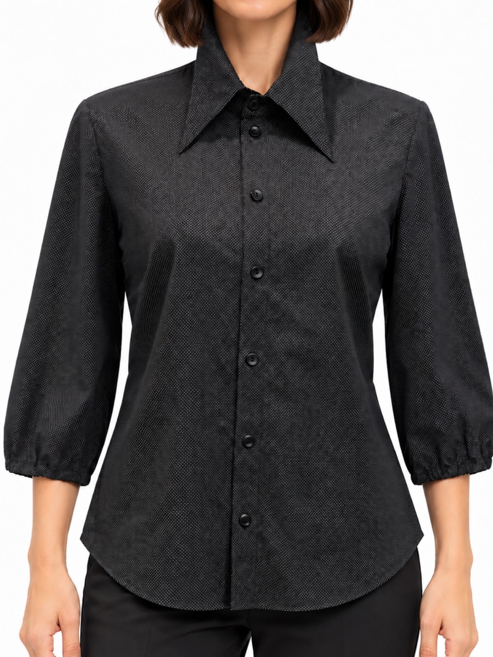 Comrags Black Microdot Dagger Collar Button-Down Shirt Preppy Chic Office Retro